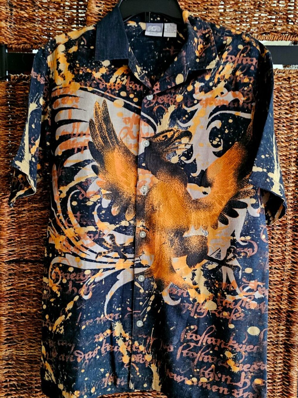 Vintage UTILITY Hawaiian men's button shirt abstract eagle bird design (S)